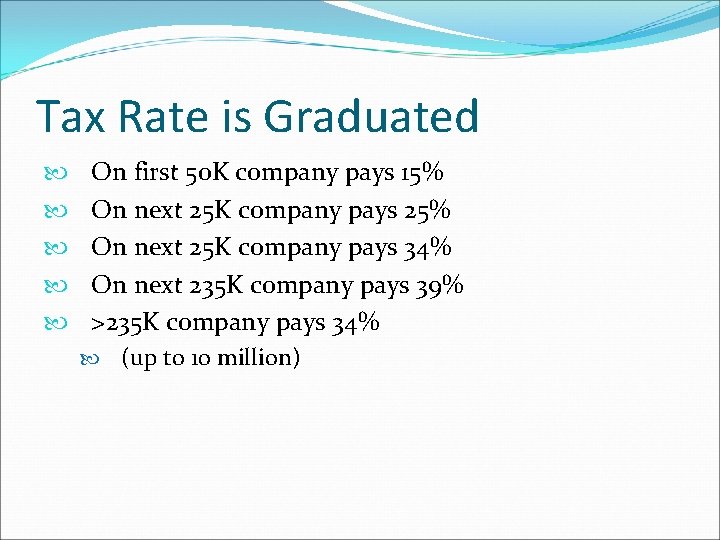 Tax Rate is Graduated On first 50 K company pays 15% On next 25