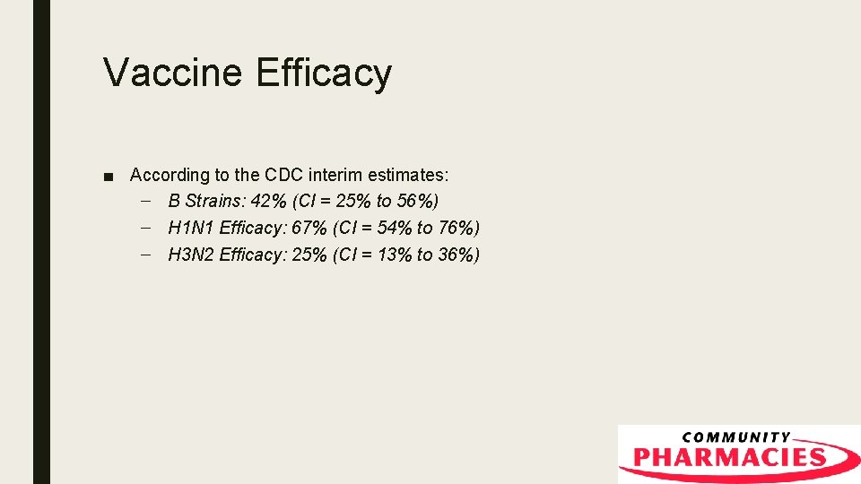 Vaccine Efficacy ■ According to the CDC interim estimates: – B Strains: 42% (CI