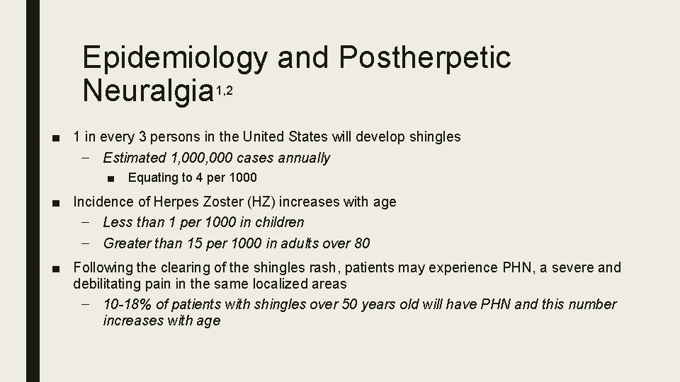 Epidemiology and Postherpetic Neuralgia 1, 2 ■ 1 in every 3 persons in the