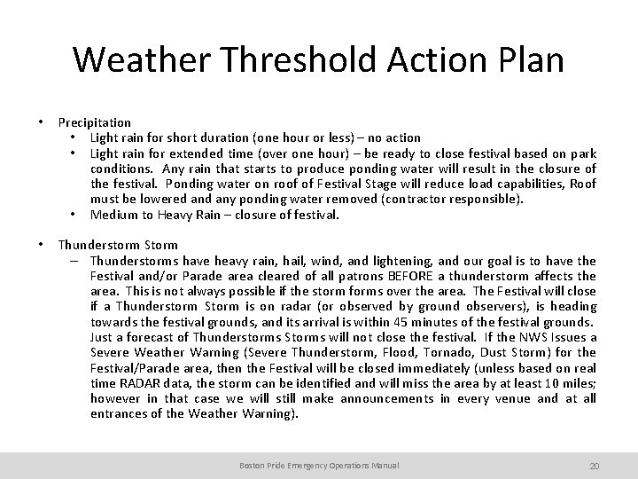 Weather Threshold Action Plan • Precipitation • Light rain for short duration (one hour