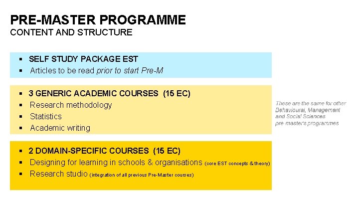 PRE-MASTER PROGRAMME CONTENT AND STRUCTURE § SELF STUDY PACKAGE EST § Articles to be