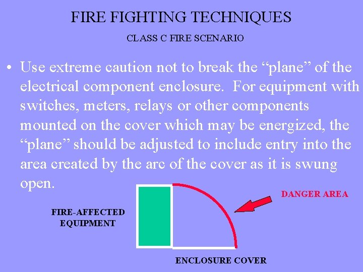 FIRE FIGHTING TECHNIQUES CLASS C FIRE SCENARIO • Use extreme caution not to break