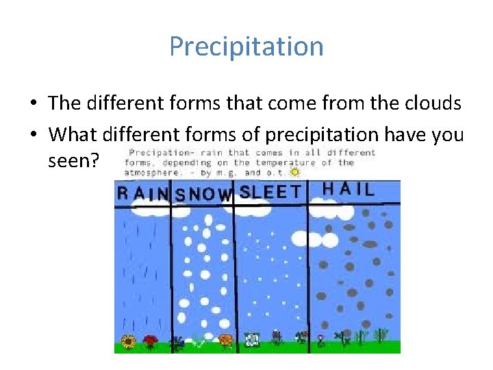 Precipitation • The different forms that come from the clouds • What different forms