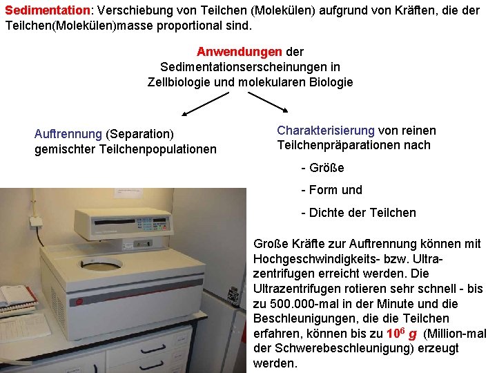 Sedimentation: Verschiebung von Teilchen (Molekülen) aufgrund von Kräften, die der Teilchen(Molekülen)masse proportional sind. Anwendungen