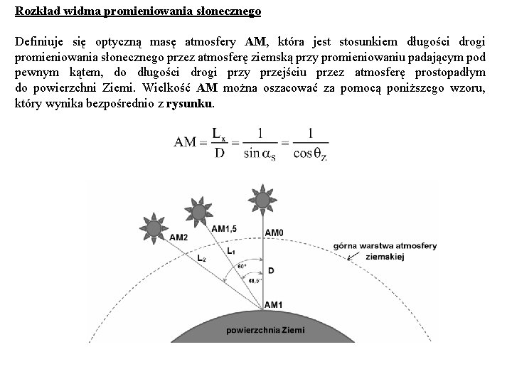 Rozkład widma promieniowania słonecznego Definiuje się optyczną masę atmosfery AM, która jest stosunkiem długości