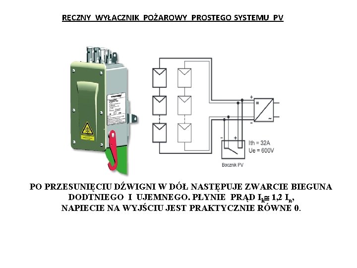 RĘCZNY WYŁACZNIK POŻAROWY PROSTEGO SYSTEMU PV PO PRZESUNIĘCIU DŹWIGNI W DÓŁ NASTĘPUJE ZWARCIE BIEGUNA