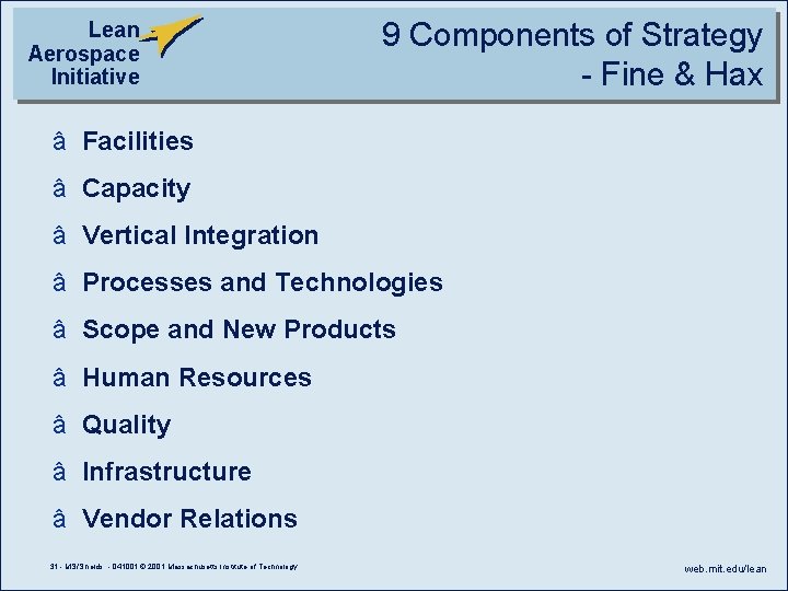 Lean Aerospace Initiative 9 Components of Strategy - Fine & Hax â Facilities â