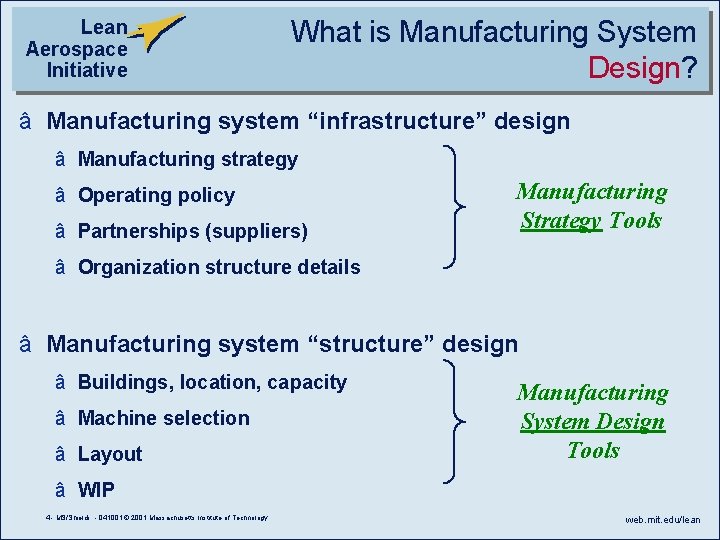 Lean Aerospace Initiative What is Manufacturing System Design? â Manufacturing system “infrastructure” design â