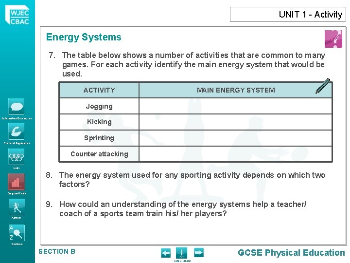 UNIT 1 - Activity Energy Systems 7. The table below shows a number of