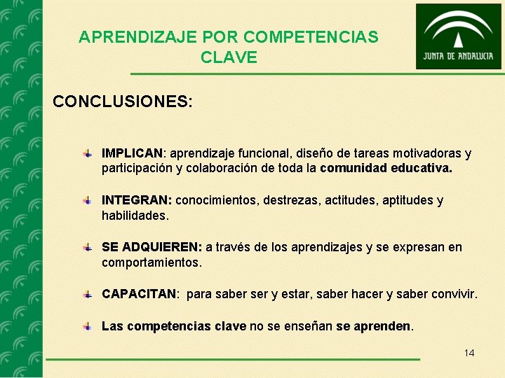 APRENDIZAJE POR COMPETENCIAS CLAVE CONCLUSIONES: IMPLICAN: aprendizaje funcional, diseño de tareas motivadoras y participación