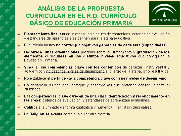 ANÁLISIS DE LA PROPUESTA CURRICULAR EN EL R. D. CURRÍCULO BÁSICO DE EDUCACIÓN PRIMARIA