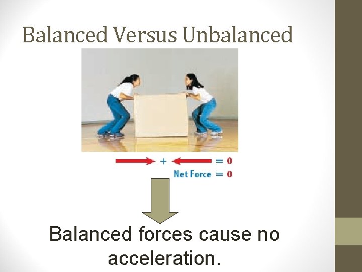 Balanced Versus Unbalanced Balanced forces cause no acceleration. Balanced Versus Unbalanced Balanced forces cause no acceleration.