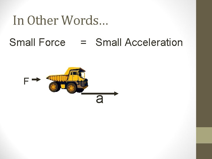 In Other Words… Small Force = Small Acceleration F a In Other Words… Small Force = Small Acceleration F a
