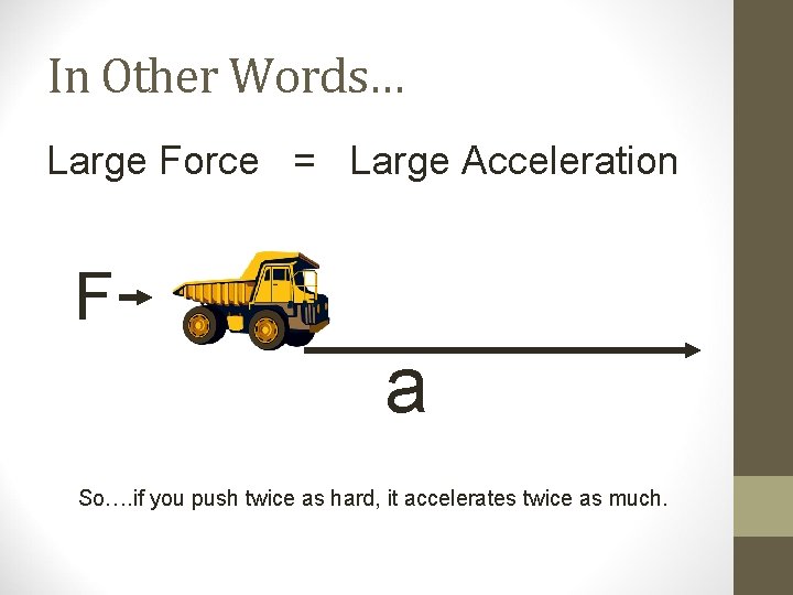 In Other Words… Large Force = Large Acceleration F a So…. if you push In Other Words… Large Force = Large Acceleration F a So…. if you push