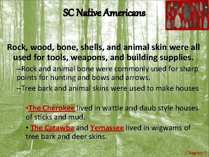 SC Native Americans Rock, wood, bone, shells, and animal skin were all used for
