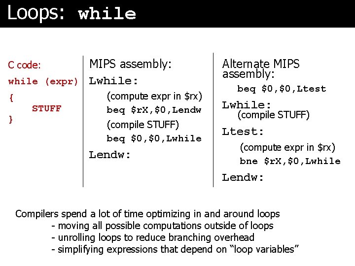 Loops: while MIPS assembly: while (expr) Lwhile: C code: { } STUFF Alternate MIPS