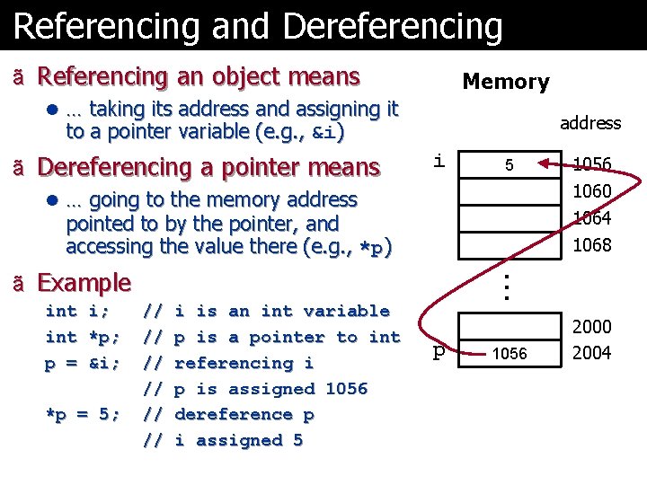 Referencing and Dereferencing ã Referencing an object means Memory l … taking its address