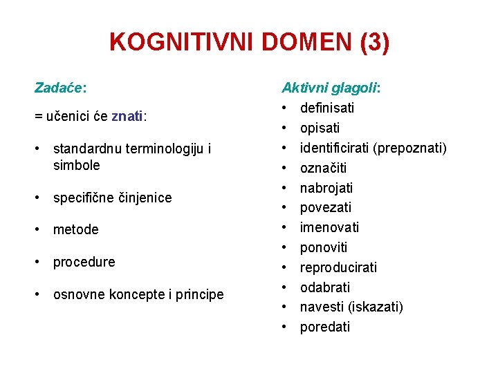 KOGNITIVNI DOMEN (3) Zadaće: = učenici će znati: • standardnu terminologiju i simbole •