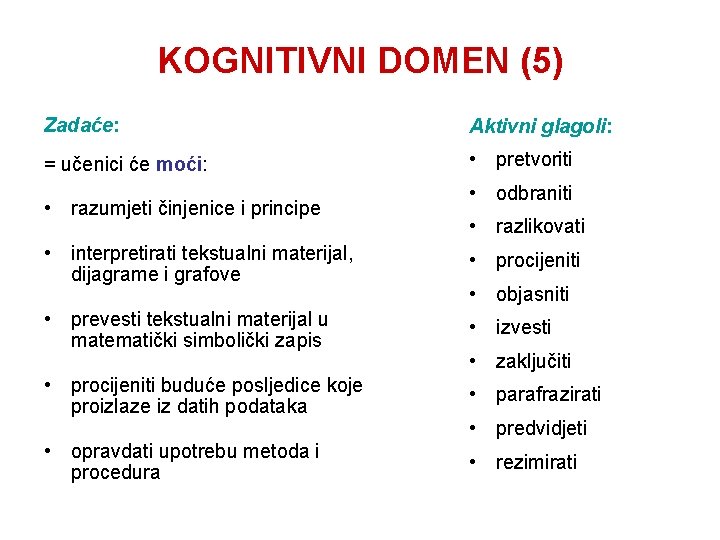 KOGNITIVNI DOMEN (5) Zadaće: Aktivni glagoli: = učenici će moći: • pretvoriti • razumjeti