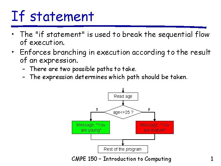 If statement • The "if statement" is used to break the sequential flow of