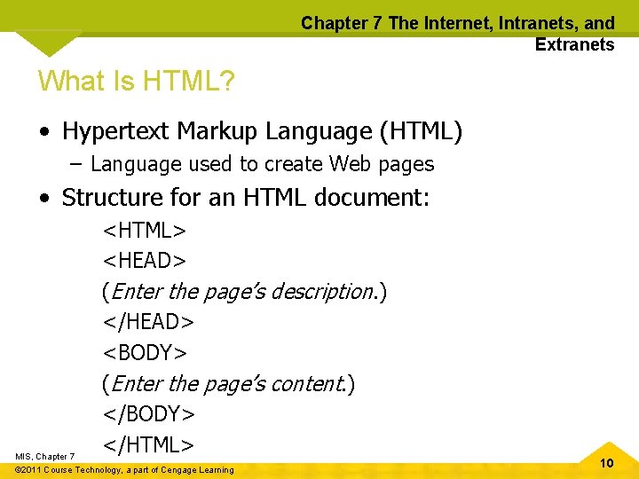 Chapter 7 The Internet, Intranets, and Extranets What Is HTML? • Hypertext Markup Language