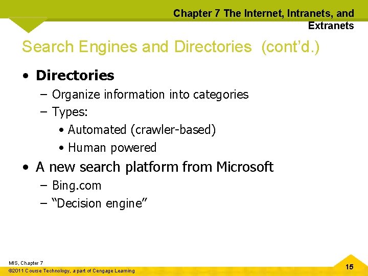 Chapter 7 The Internet, Intranets, and Extranets Search Engines and Directories (cont’d. ) •