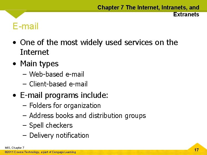 Chapter 7 The Internet, Intranets, and Extranets E-mail • One of the most widely