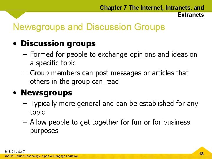 Chapter 7 The Internet, Intranets, and Extranets Newsgroups and Discussion Groups • Discussion groups