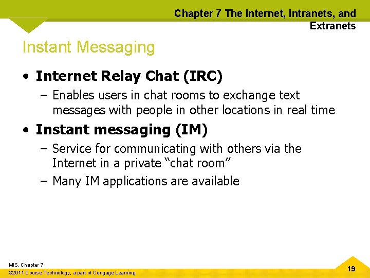 Chapter 7 The Internet, Intranets, and Extranets Instant Messaging • Internet Relay Chat (IRC)