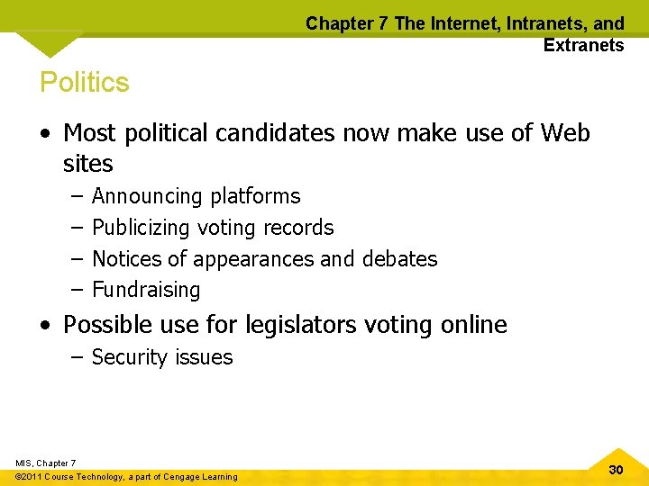 Chapter 7 The Internet, Intranets, and Extranets Politics • Most political candidates now make