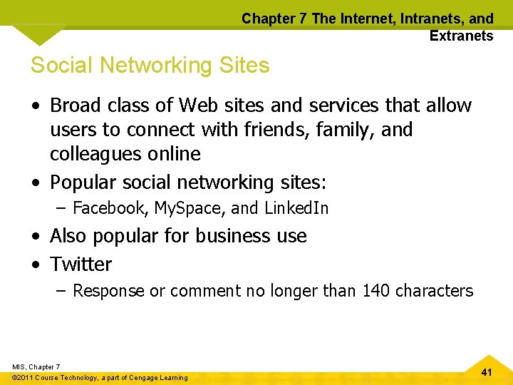 Chapter 7 The Internet, Intranets, and Extranets Social Networking Sites • Broad class of