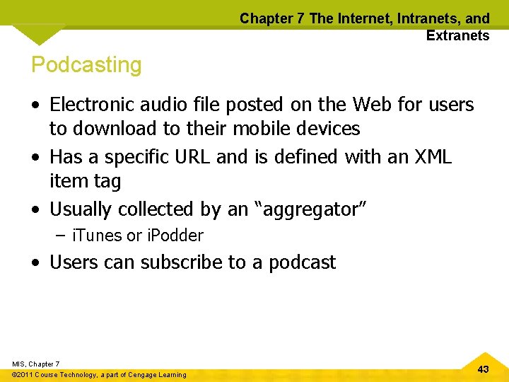 Chapter 7 The Internet, Intranets, and Extranets Podcasting • Electronic audio file posted on
