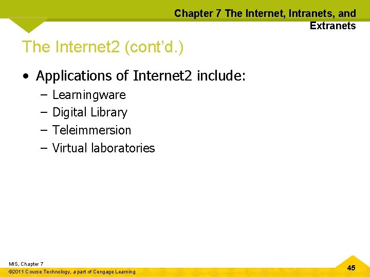 Chapter 7 The Internet, Intranets, and Extranets The Internet 2 (cont’d. ) • Applications