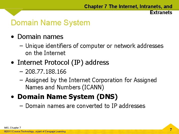Chapter 7 The Internet, Intranets, and Extranets Domain Name System • Domain names –