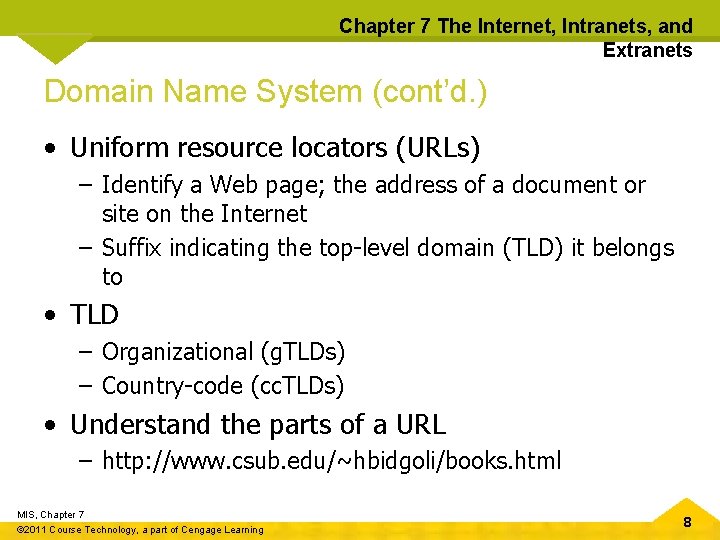 Chapter 7 The Internet, Intranets, and Extranets Domain Name System (cont’d. ) • Uniform