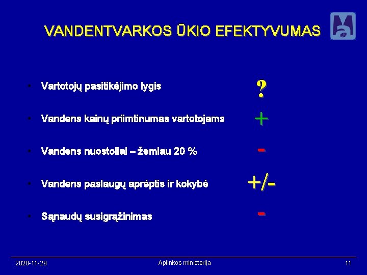 VANDENTVARKOS ŪKIO EFEKTYVUMAS • Vartotojų pasitikėjimo lygis • Vandens kainų priimtinumas vartotojams • Vandens