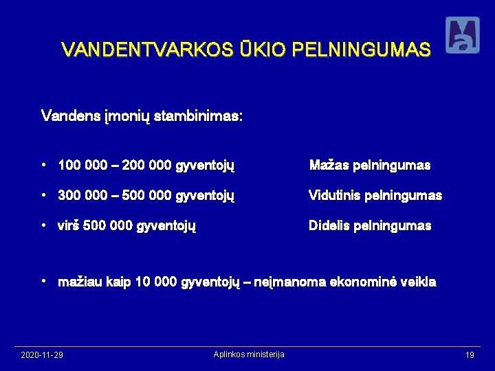 VANDENTVARKOS ŪKIO PELNINGUMAS Vandens įmonių stambinimas: • 100 000 – 200 000 gyventojų Mažas