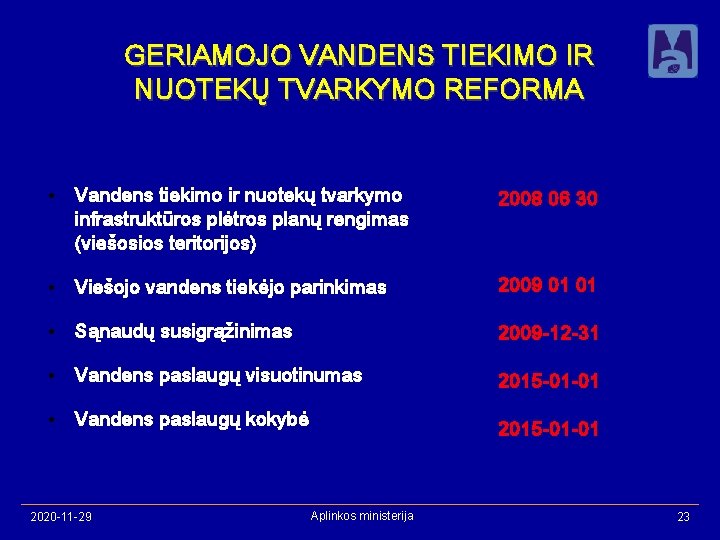 GERIAMOJO VANDENS TIEKIMO IR NUOTEKŲ TVARKYMO REFORMA • Vandens tiekimo ir nuotekų tvarkymo infrastruktūros