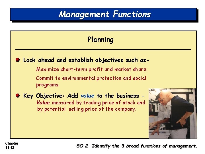 Management Functions Planning Look ahead and establish objectives such as. Maximize short-term profit and