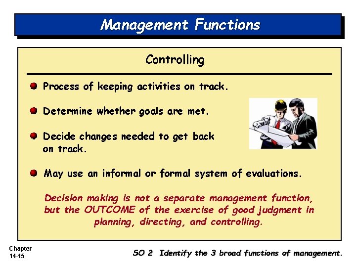 Management Functions Controlling Process of keeping activities on track. Determine whether goals are met.