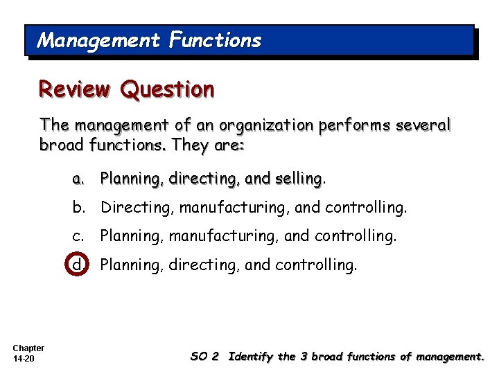 Management Functions Review Question The management of an organization performs several broad functions. They