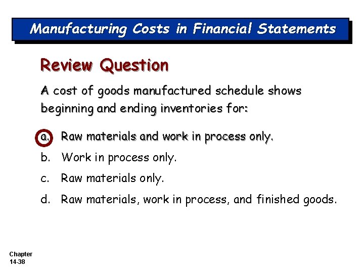 Manufacturing Costs in Financial Statements Review Question A cost of goods manufactured schedule shows