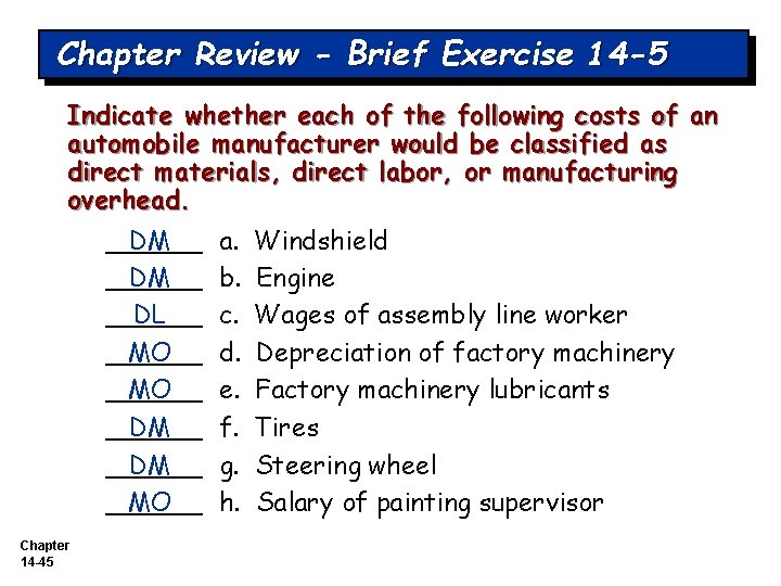 Chapter Review - Brief Exercise 14 -5 Indicate whether each of the following costs