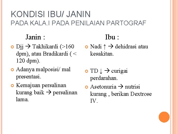 KONDISI IBU/ JANIN PADA KALA. I PADA PENILAIAN PARTOGRAF Janin : Ibu : Djj