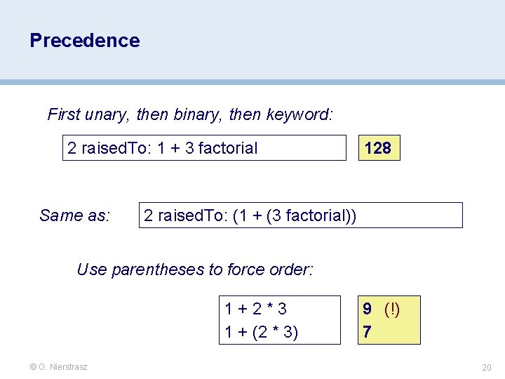 Precedence First unary, then binary, then keyword: 2 raised. To: 1 + 3 factorial Precedence First unary, then binary, then keyword: 2 raised. To: 1 + 3 factorial