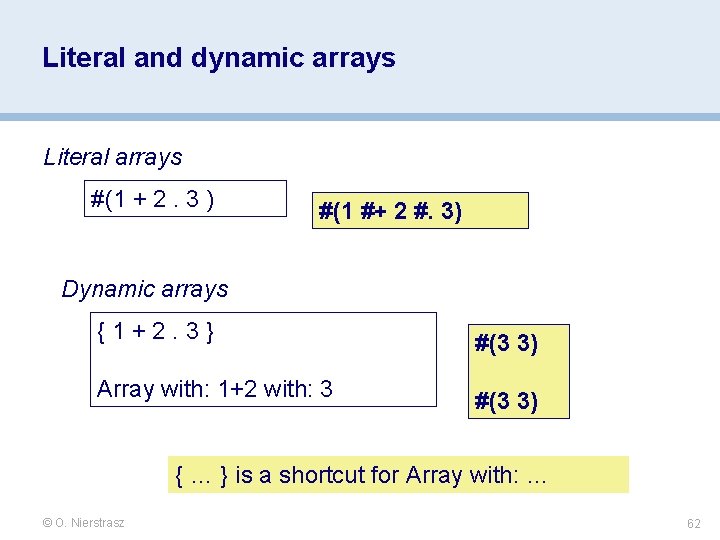 Literal and dynamic arrays Literal arrays #(1 + 2. 3 ) #(1 #+ 2 Literal and dynamic arrays Literal arrays #(1 + 2. 3 ) #(1 #+ 2