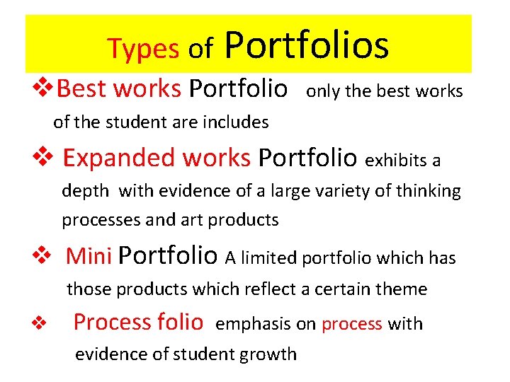 Types of Portfolios v. Best works Portfolio only the best works of the student