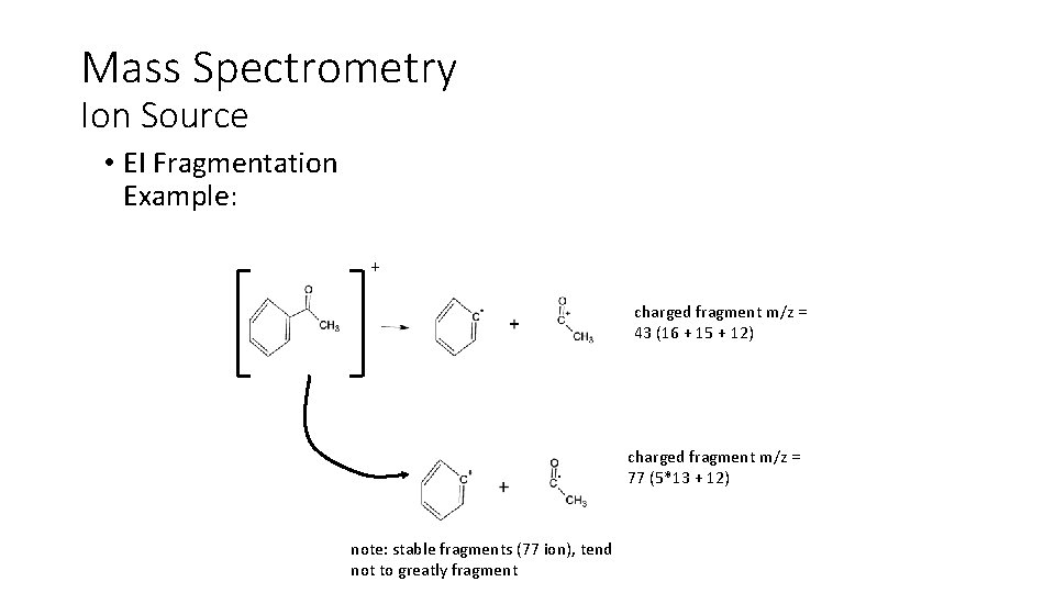 Mass Spectrometry Ion Source • EI Fragmentation Example: + charged fragment m/z = 43