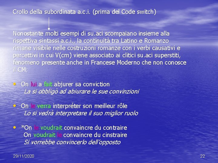 Crollo della subordinata a. c. i. (prima del Code switch) Nonostante molti esempi di Crollo della subordinata a. c. i. (prima del Code switch) Nonostante molti esempi di