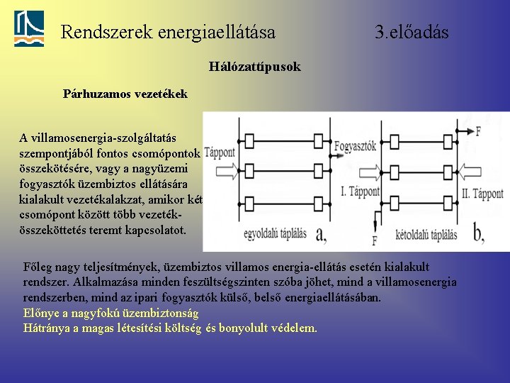 Rendszerek energiaellátása 3. előadás Hálózattípusok Párhuzamos vezetékek A villamosenergia-szolgáltatás szempontjából fontos csomópontok összekötésére, vagy